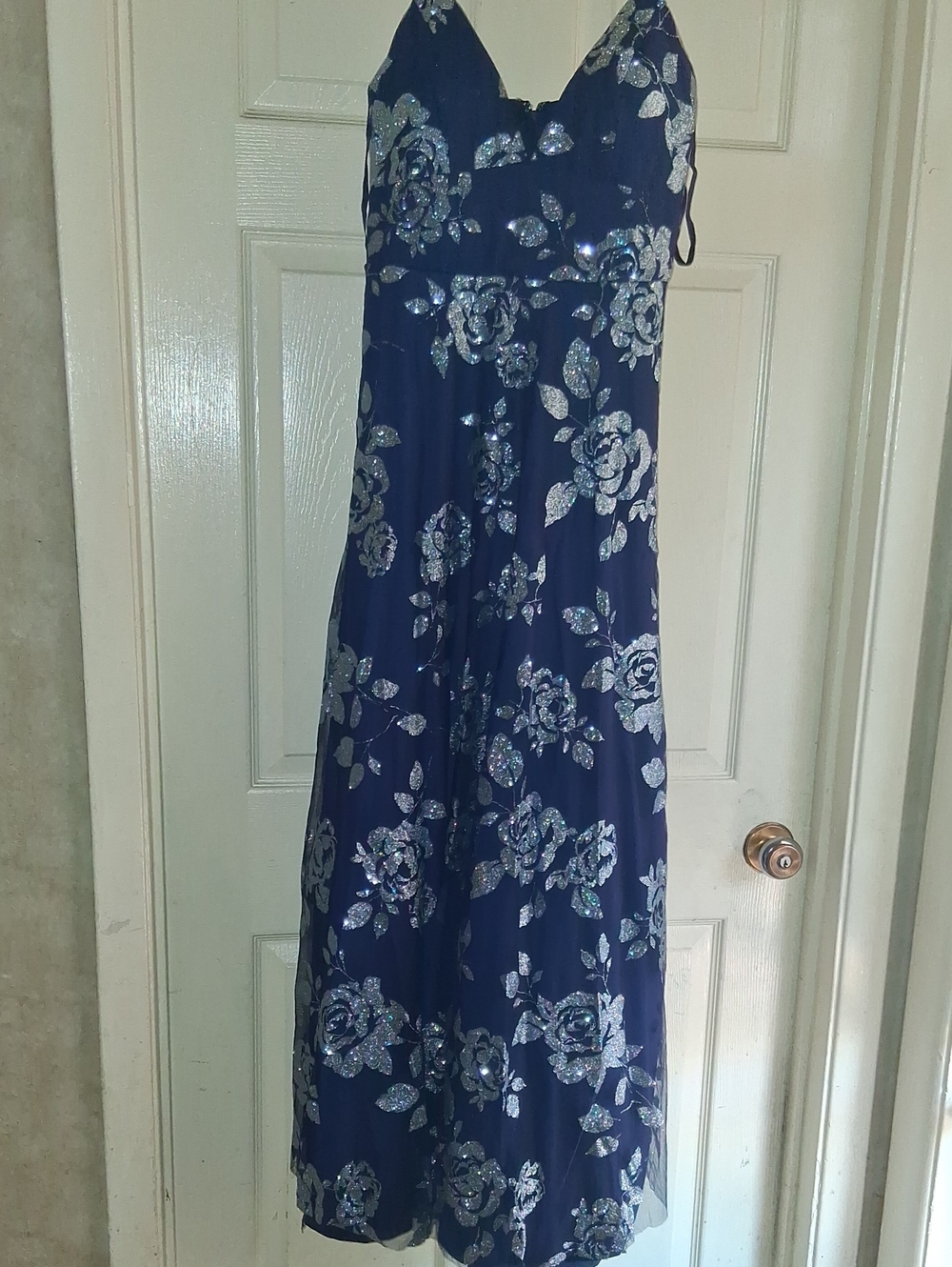 Trixxi Dress Size 9 Navy Maxi Dress with Silver Floral Sequin Accents